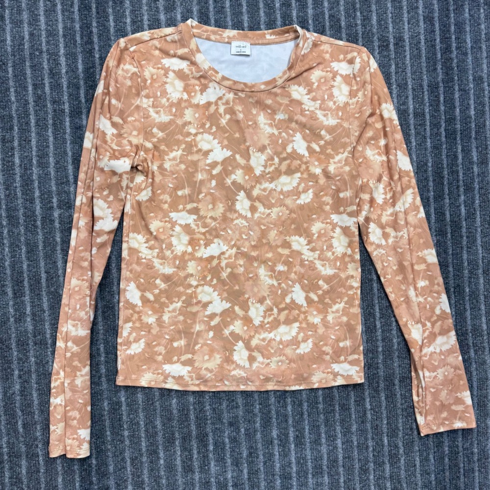 Wilfred Women Long Sleeve Floral Top Size S Brown Tan Mesh Stretch Crew Neck